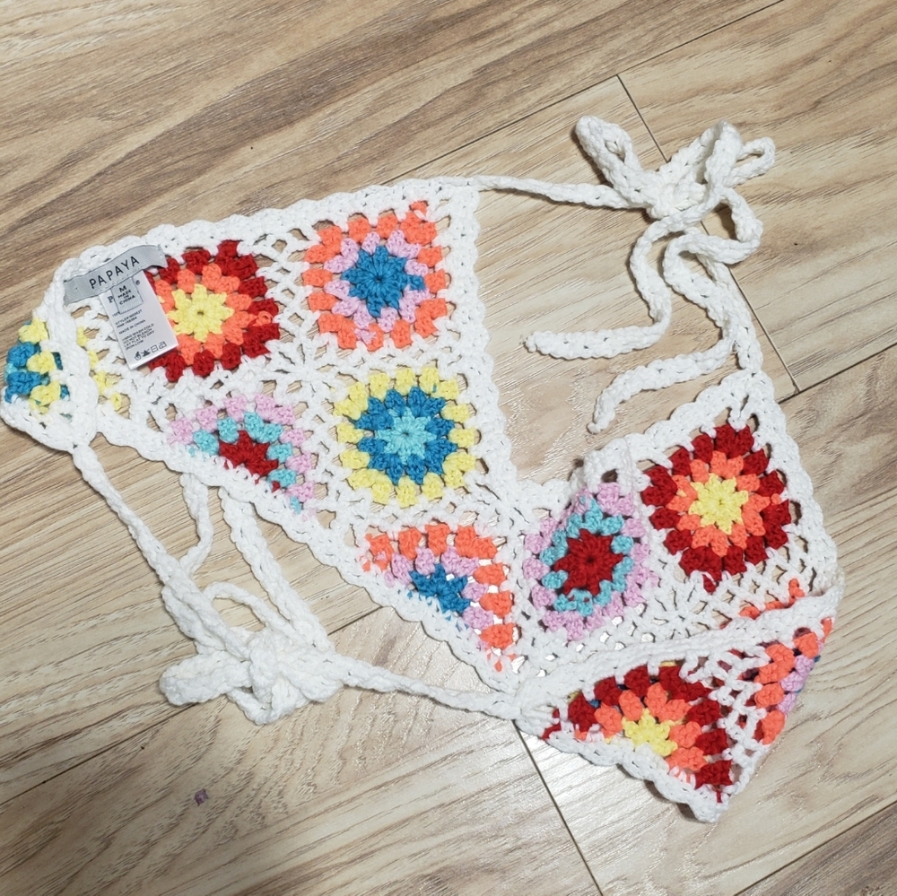 Granny Square Knitted Colorful Halter Top Bathing Suit Adjustable Ties M